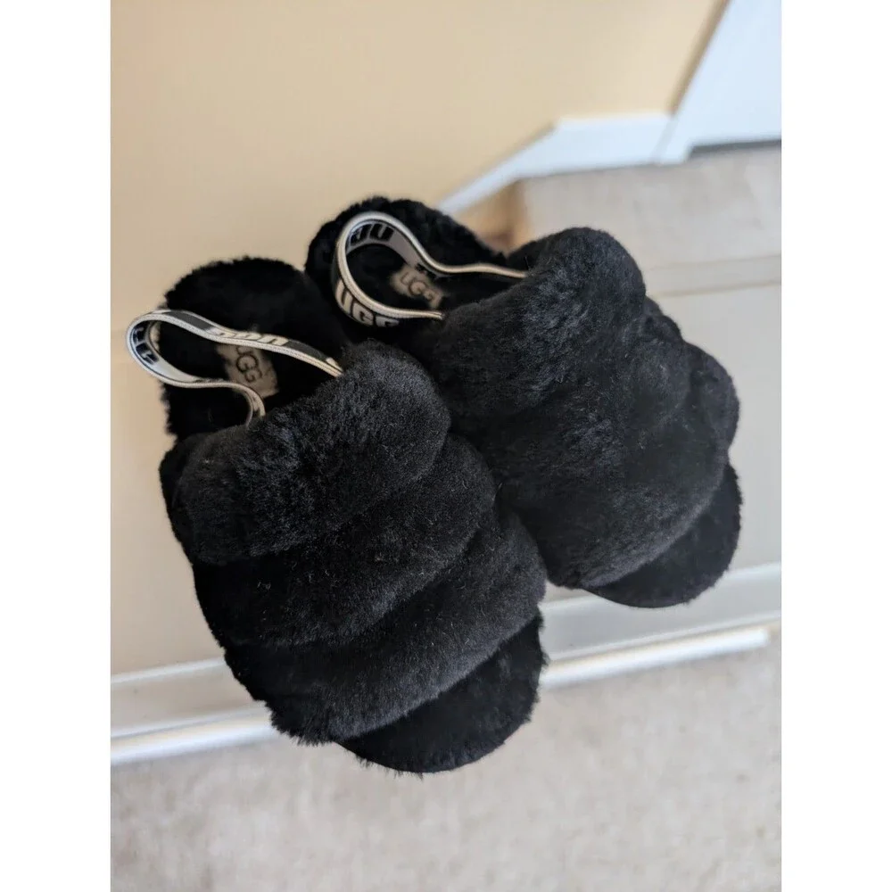 Ugg Toddler Girl's Fluff Yeah Sheepskin Slingbacks Clogs Slides Sandals Black 12